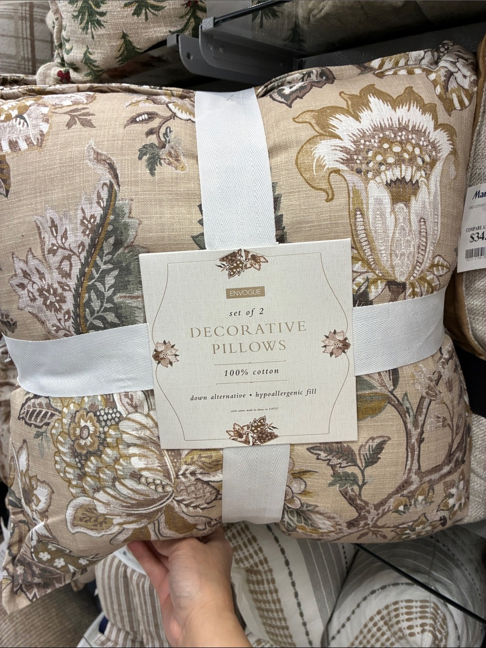 Envogue Beige and Gold Floral Cotton Accent Pillows, Set of 2